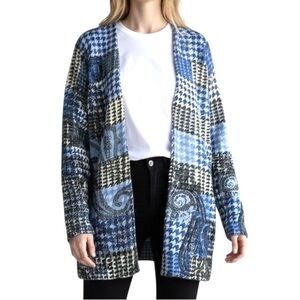 Talbots Merino Wool Open Front Cardigan Blue Gray Hounds Tooth Paisley Womens XL